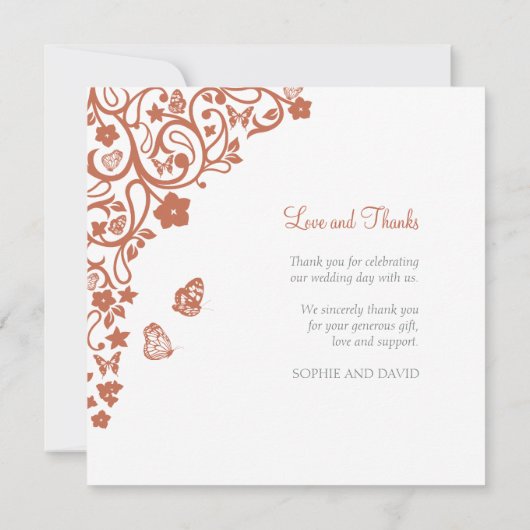 Floral Butterfly Garden Terracotta Square Weddensc Bedankkaart (Achterkant)