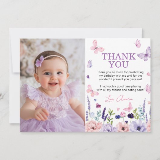 Floral Butterfly Garden Verjaardagsfeestje Foto Bedankkaart (Voorkant)