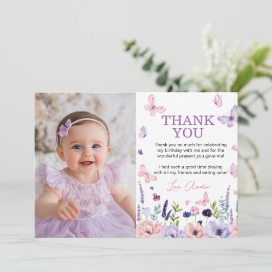 Floral Butterfly Garden Verjaardagsfeestje Foto Bedankkaart (Staand voorkant)