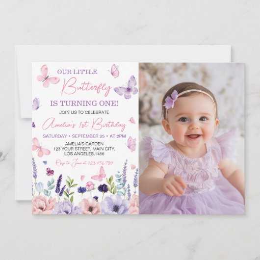 Floral Butterfly Garden Verjaardagsfoto Uitnodigin Bedankkaart (Voorkant)