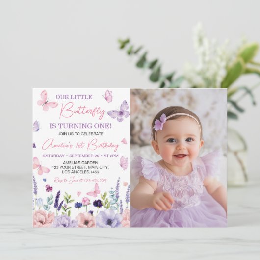 Floral Butterfly Garden Verjaardagsfoto Uitnodigin Bedankkaart (Staand voorkant)