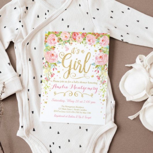 Floral Butterfly Girl Baby shower Kaart