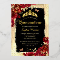 Floral Butterfly Gold Red Black Quinceanera