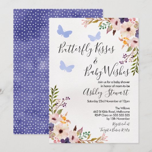 Floral Butterfly Kisses Baby shower Invitation Boy Kaart (Voorkant / Achterkant)