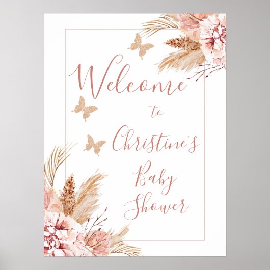 Floral Butterfly Kisses Baby shower Welkomstteken Poster (Voorkant)