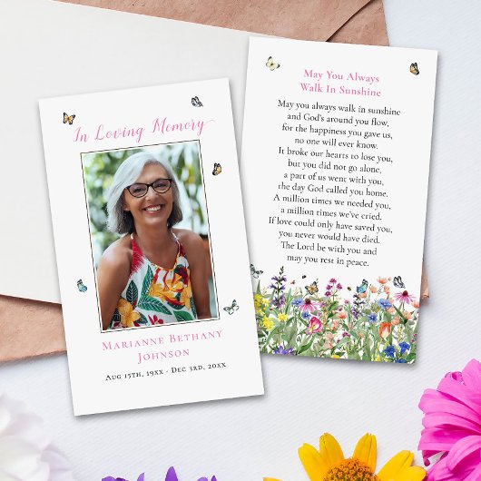 Floral Butterfly Memorial Funeral Prayer Kaart
