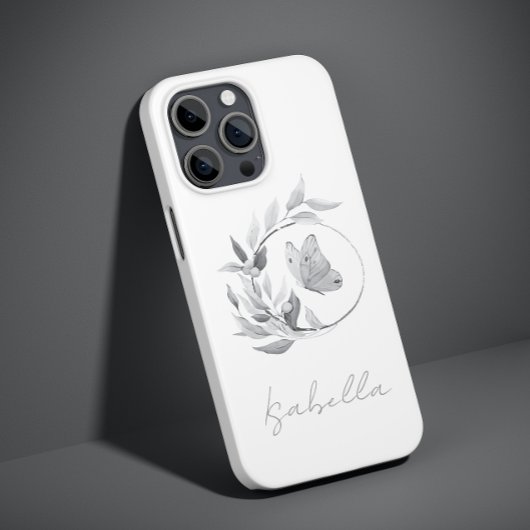 Floral Butterfly Monochrome Simple Stylish Name Case-Mate iPhone Case