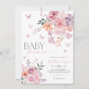 Floral Butterfly Pink Peach Paarse Baby shower Kaart