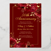 Floral Butterfly Red 50th Wedding Jubileum Folie Uitnodiging (Voorkant)
