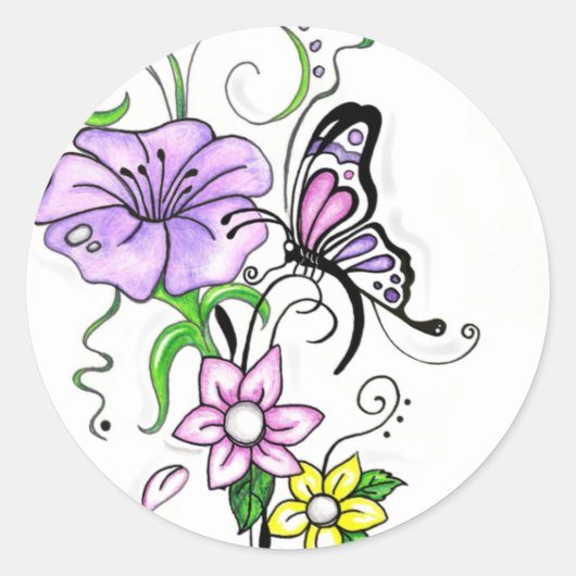 Floral Butterfly Ronde Sticker (Voorkant)