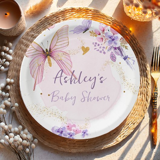 Floral Butterfly Roze Garden Girl Baby shower Papieren Bordje