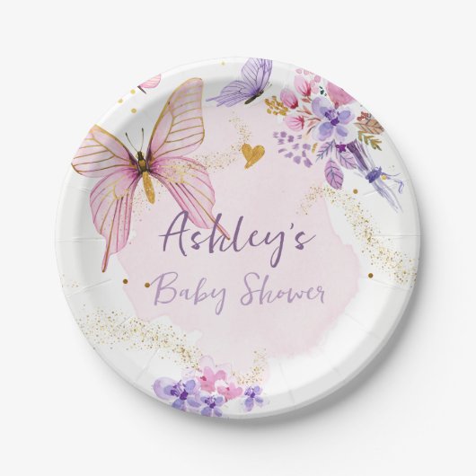 Floral Butterfly Roze Garden Girl Baby shower Papieren Bordje (Voorkant)