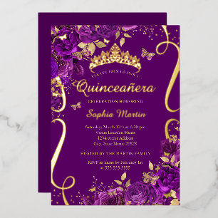 Floral Butterfly Scroll Paarse Quinceanera Folie Uitnodiging
