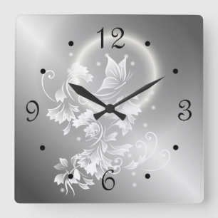 Floral Butterfly Silver Numbers Vierkante Klok