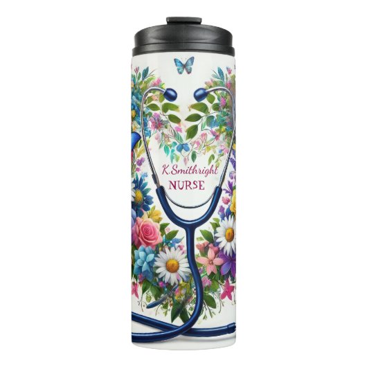 Floral Butterfly Stethoscope Nurse Heart Thermosbeker (Voorkant)