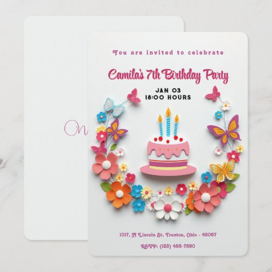 Floral Butterfly Verjaardagstaart Papercraft Ontwe Kaart (Voorkant / Achterkant)