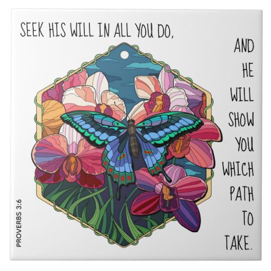 Floral / Butterfly, w verse uit Proverbs 3:6 Tegeltje (Voorkant)