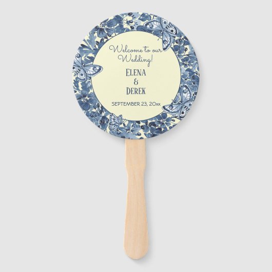 Floral Butterfly Wedding Blue Lt Yellow Waterverf Handwaaier (Voorkant)
