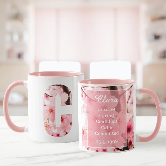 Floral C Initial Mug | Personalized Name & Traits Mok