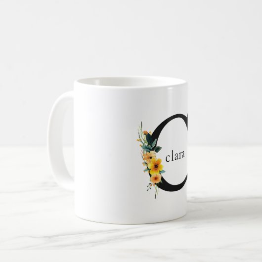 Floral C Monogram Mok met bewerkbare naam (Voorkant links)