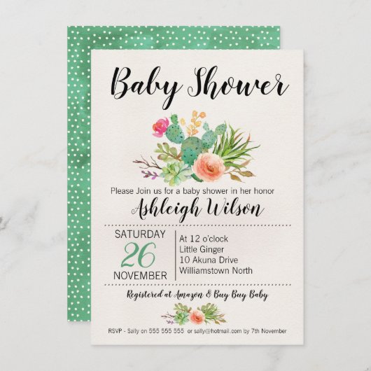 Floral Cactus Baby shower Uitnodiging (Voorkant / Achterkant)