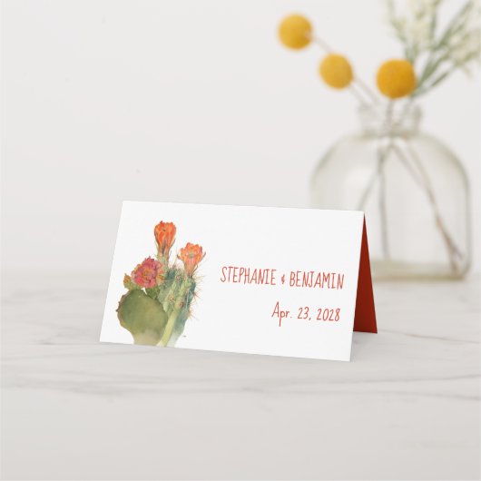 Floral Cactus Red Flowers Waterverf Wedding Plaatskaartje (Achterkant)