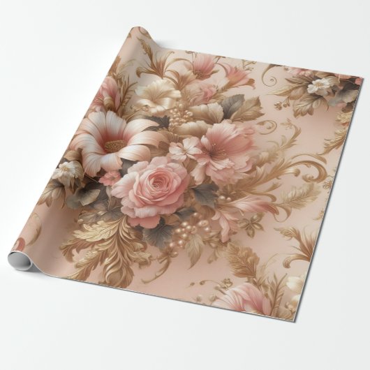 Floral cadeau inpakpapier, blush roze goud blush cadeaupapier (Uitgerold)
