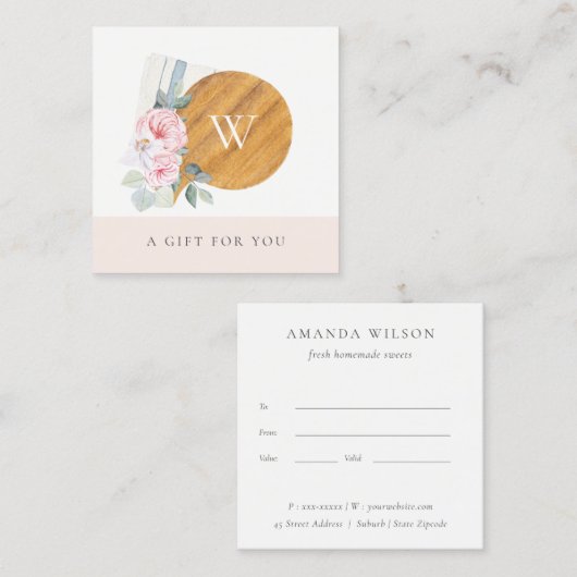 Floral Cadeaubon blush Chopping Board Vierkante Visitekaartje (Voorkant / Achterkant)