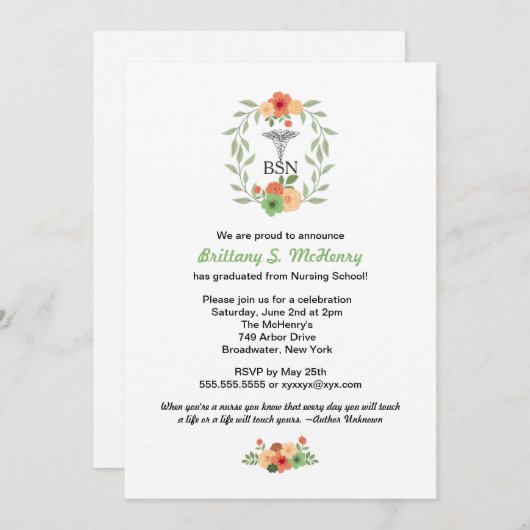 Floral caduceus Nurse pinning afstuderen BSN RN Kaart (Voorkant / Achterkant)