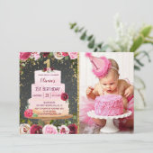 Floral Cake 1e verjaardag uitnodiging met foto (Staand voorkant)