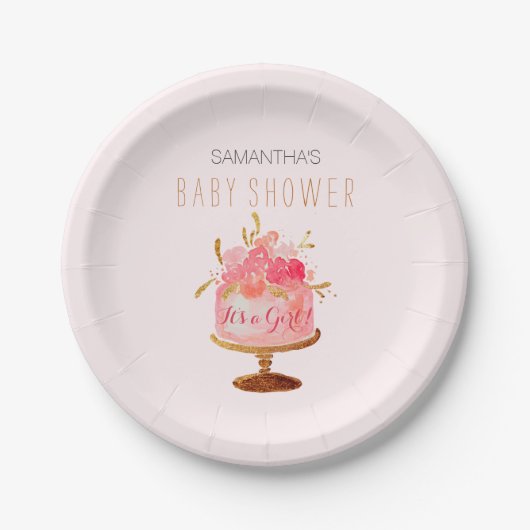 Floral Cake Het Een Meisje Baby shower Papier Bord (Voorkant)