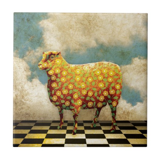 Floral Calico Sheep Collage Tegeltje (Voorkant)