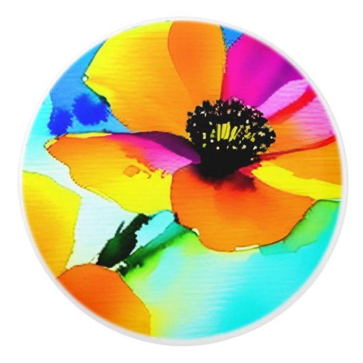 Floral California Poppies Wildbloemen Sinaasappel  Keramische Knop (Voorkant)