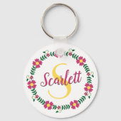 Floral Calligraphy Cursive Script Name Monogramed Sleutelhanger (Voorkant)