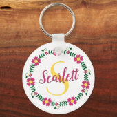 Floral Calligraphy Cursive Script Name Monogramed Sleutelhanger (Voorkant)