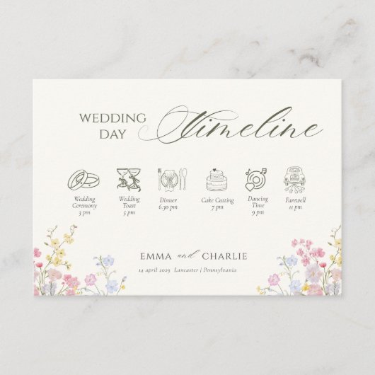 Floral Calligraphy Wedding Day Timeline Informatiekaartje (Voorkant)