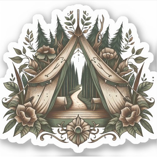 Floral Camping Tent Sticker | Die-Cut Sticker (Voorkant)