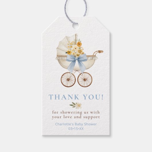 Floral Carriage Baby Shower Thank You | Blue Cadeaulabel (Voorkant)