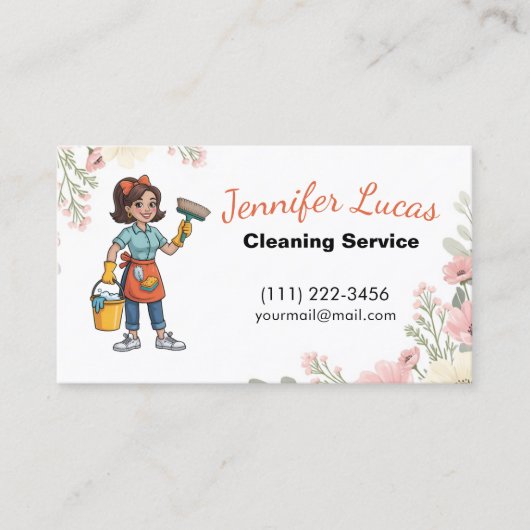 Floral Cartoon Maid House Schoonmaakdiensten Visitekaartje (Voorkant)