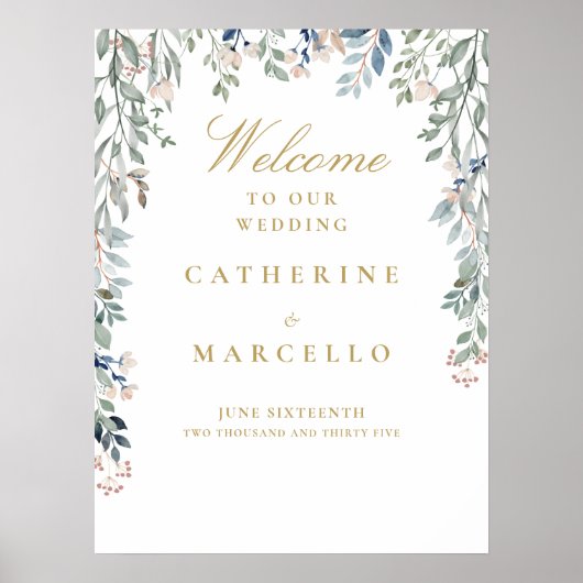 Floral Cascade Gold Wedding Welkomstbord Poster (Voorkant)
