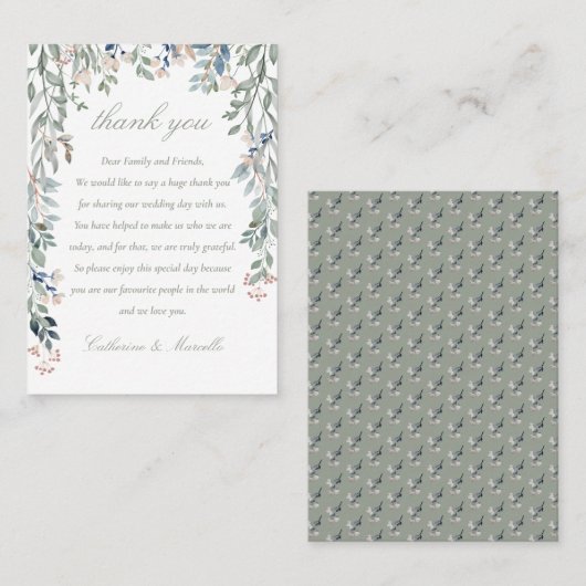 Floral Cascade Sage Groene Bruiloft Dank u Plaatskaartje (Voorkant / Achterkant)