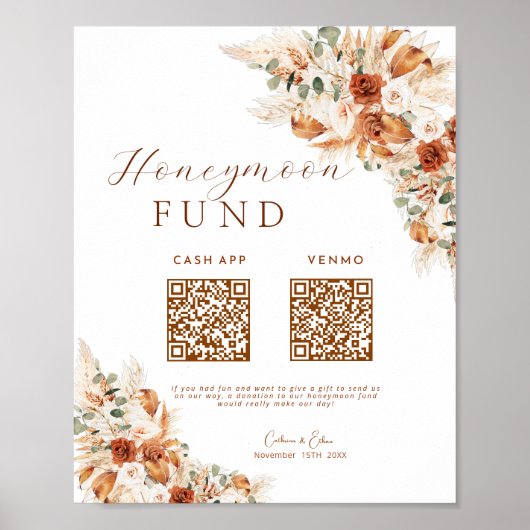 Floral Cash Honeymoon Fund QR Code Wedding Poster (Voorkant)