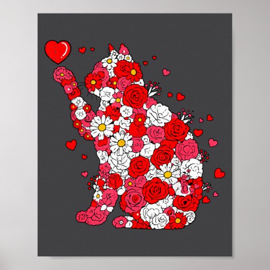 Floral Cat Heart Valentines Day Meow Kitty Kitten  Poster (Voorkant)