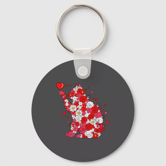 Floral Cat Heart Valentines Day Meow Kitty Kitten  Sleutelhanger (Voorkant)