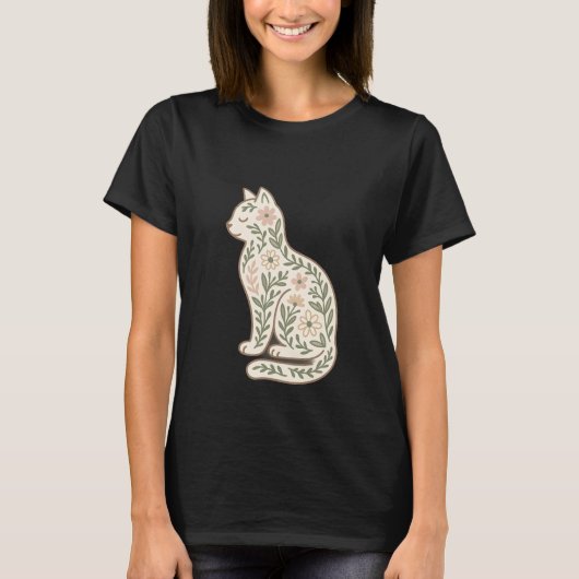 Floral Cat Shirt – Pastel Botanisch Kat Silhoutte (Voorkant)