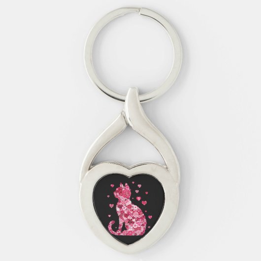 Floral Cat Silhouette Art Sleutelhanger (Voorkant)