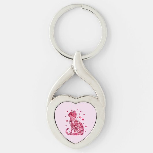 Floral Cat Silhouette Art Sleutelhanger (Voorkant)