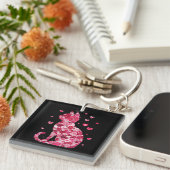 Floral Cat Silhouette Art Sleutelhanger (Voorkant Rechts)