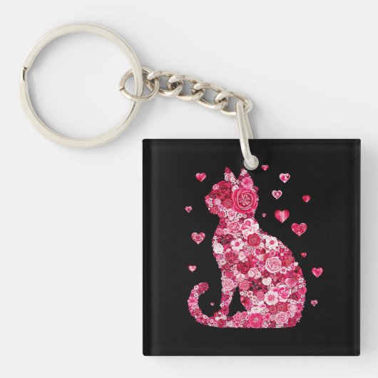 Floral Cat Silhouette Art Sleutelhanger (Voorkant)