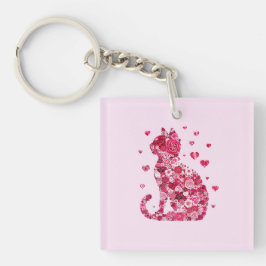 Floral Cat Silhouette Art Sleutelhanger